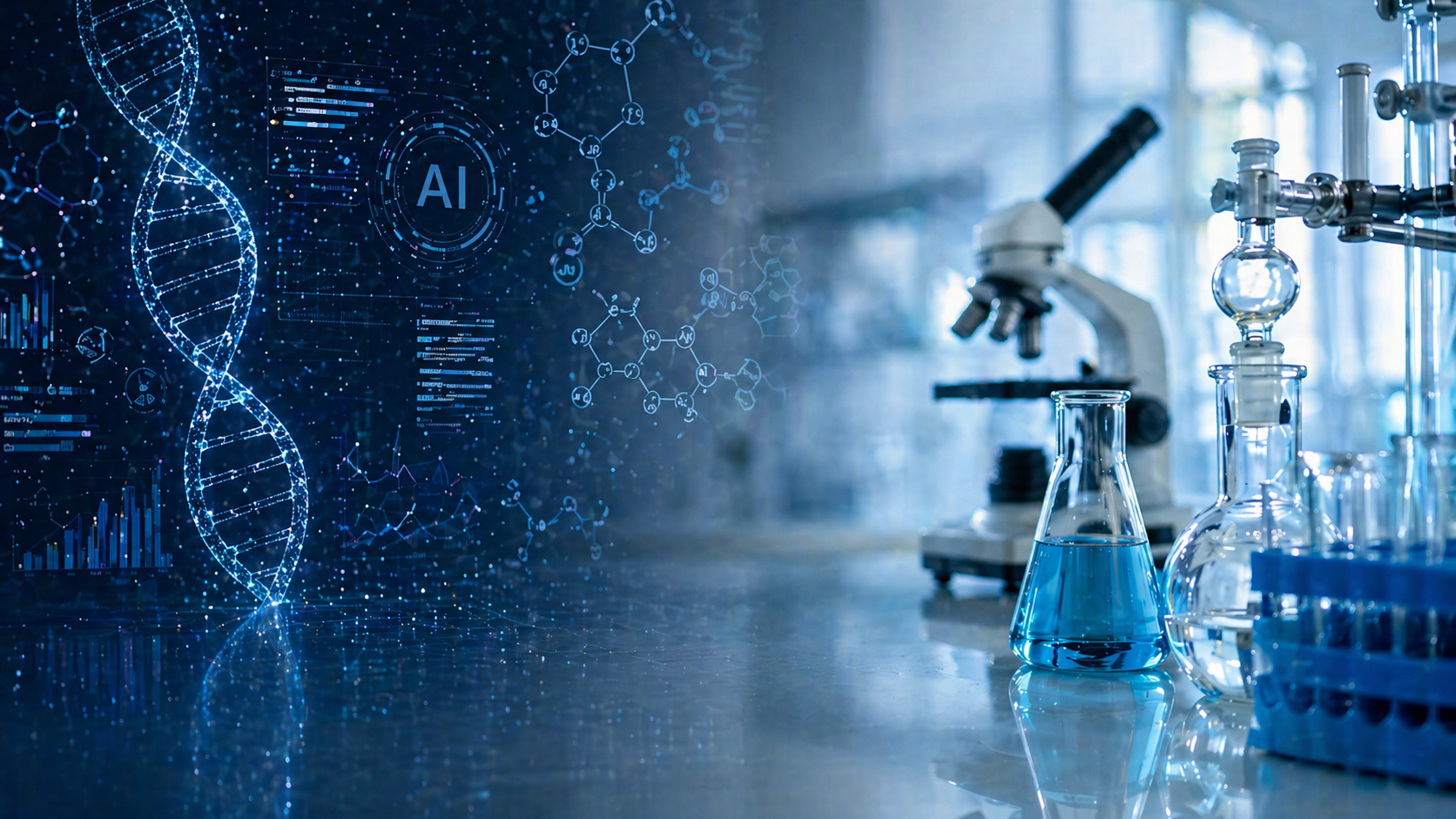 CSTC laboratory — AI-enhanced visualization combining DNA analysis data with real lab equipment including microscope and Erlenmeyer flasks